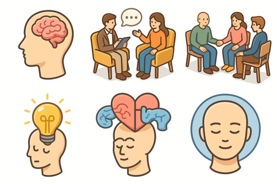 Mental health concepts illustrated with diverse group support and therapy sessions