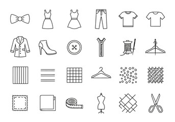 A comprehensive collection of thin line icons representing fashion, clothing, tailoring, and sewing accessories for design projects