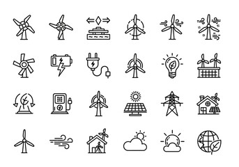 Fototapeta premium Renewable energy line icon set with wind turbines, solar panels, and green power symbols. A vector collection for sustainable technology
