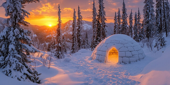 Snowy landscape with an igloo and sunset in the mountains Generative AI