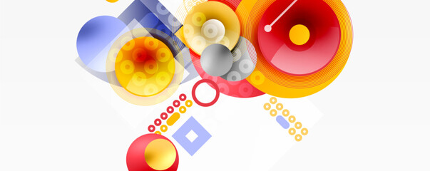 Abstract composition featuring overlapping circles, squares, lines. Bright colors create dynamic visual experience. Modern design elements present.