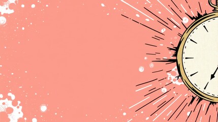 A graphic design featuring a clock with burst lines on a coral background, symbolizing the concept of time, abstract daily life arts