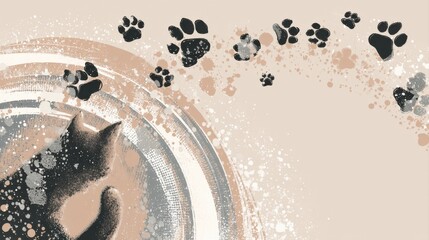 A stylized illustration of a cat with paw prints trailing across a minimalist background, showcasing a blend of earthy tones and artistic splashes, abstract daily life arts