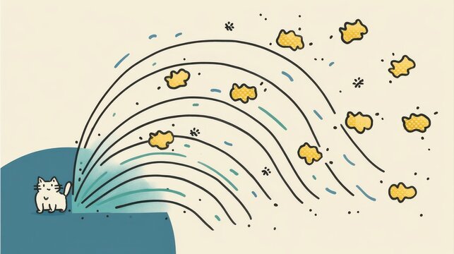 A whimsical illustration of a cat spraying colorful fish, blending humor and creativity in a playful design, abstract daily life arts