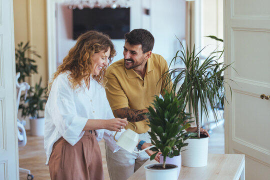 Happy Couple Watering Indoor Plants Together in Bright Home, Cozy Modern Living Room
