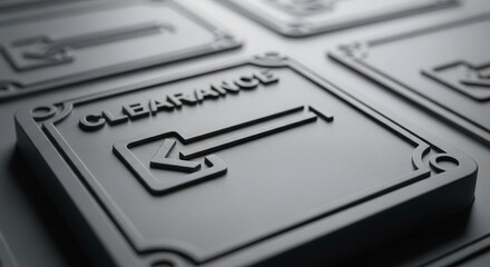 Metallic Embossed Clearance Sign In Dark Grey Color, Perspective View, Studio Lighting