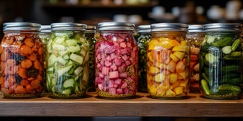 Colorful jars filled with pickled vegetables in a market Generative AI