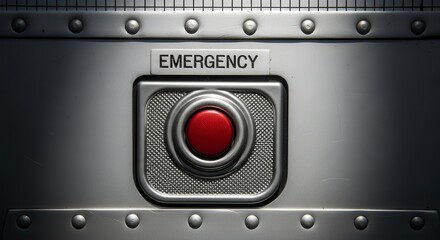 Metallic Emergency Button: Industrial Design With A Bold Red Trigger And Signage
