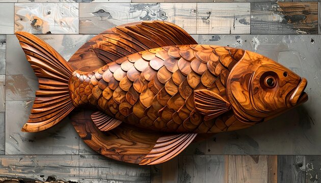 Large, wooden carved fish mounted on weathered, multi-tone planks - Powered by Adobe