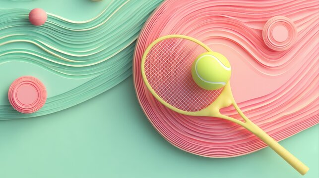 A vibrant composition featuring a tennis racket and ball against wavy pastel backgrounds, evoking a playful and sporty atmosphere, abstract daily life arts