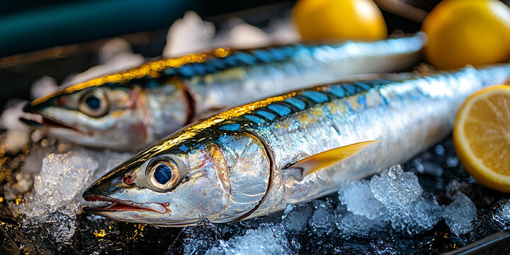Fresh mackerel fish on ice with lemon slices Generative AI - Powered by Adobe