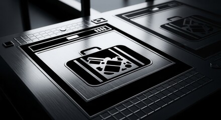 Metallic Illustration Of Digital Suitcase Symbol On A Silver Texture Surface