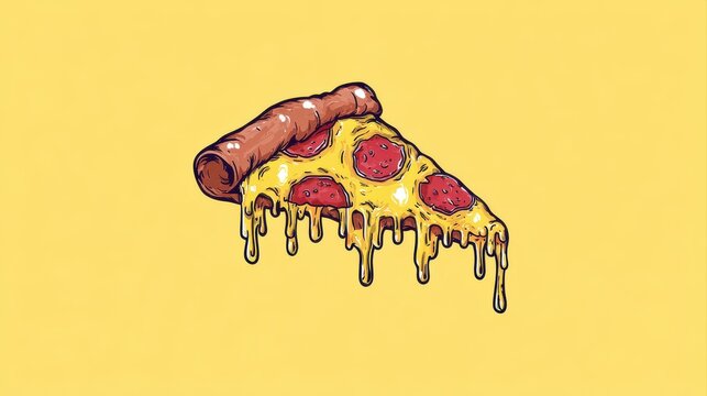 A vibrant slice of pizza topped with pepperoni and dripping cheese against a cheerful yellow background, abstract daily life arts