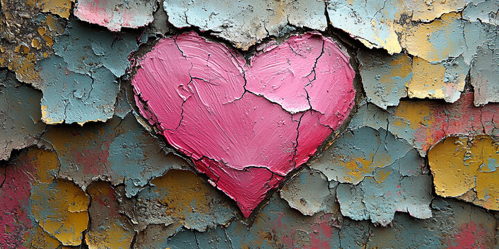 Bright pink heart painted on a weathered wall surface Generative AI