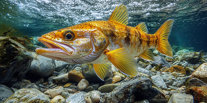 Pollack fish swimming in clear white-water rivers Generative AI