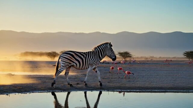 Zebra standing near water with flamingos and birds in a scenic african landscape view at sunset zebra video