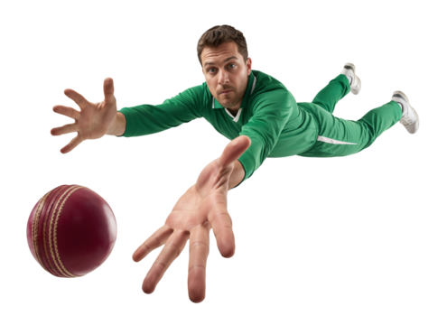 Cricket fielder in green uniform diving forward to stop the cricket ball