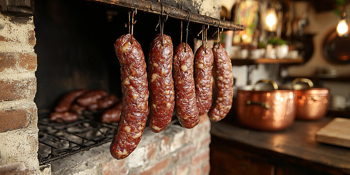 Rustic sausages hanging in a traditional brick oven Generative AI - Powered by Adobe