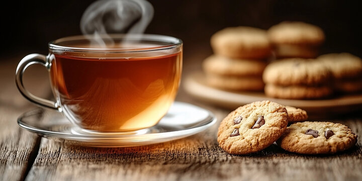 Steaming cup of tea and cookies on a wooden table Generative AI