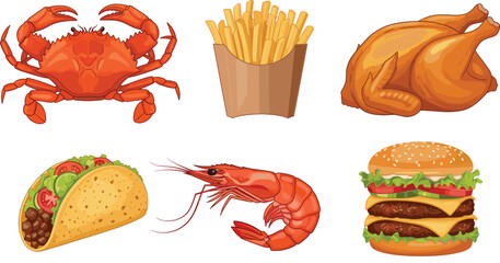 Crab, Fries, Chicken, Taco, Shrimp, Burger Set