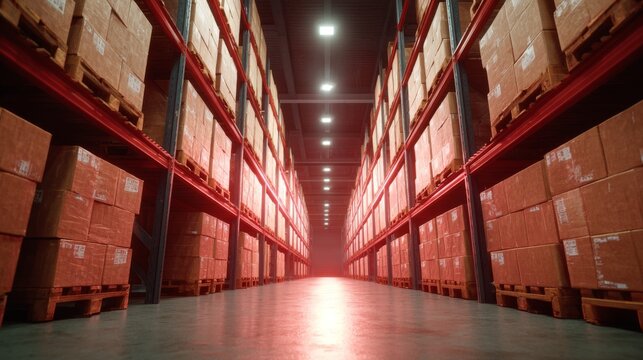 A wide-angle view of a modern warehouse filled with neatly stacked cardboard boxes on pallets.