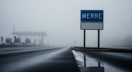 Misty Morning Road with a Sign Revealing the Name Merre and a Toll Plaza Near