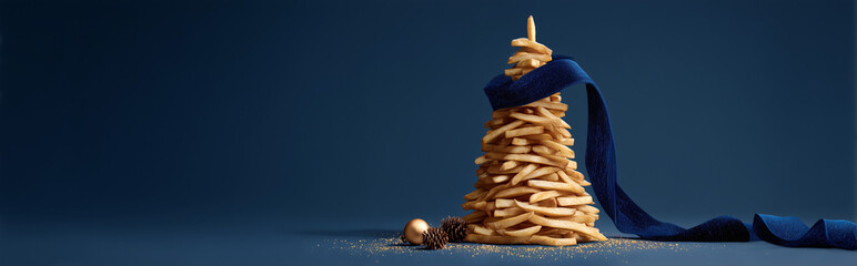 Golden French Fry Christmas Tree with Velvet Ribbon and Minimal Holiday Decor on Deep Blue Background