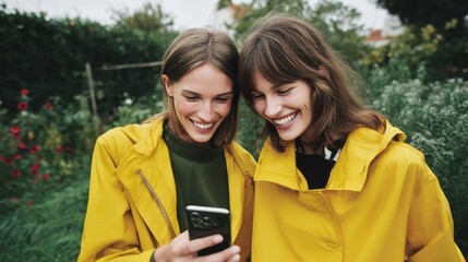 Two happy female friends in yellow jackets laugh together while looking at a smartphone. They enjoy each other's company surrounded by lush greenery and colorful flowers in a park