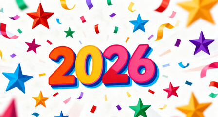 Bright and colorful 2026 new year celebration with fireworks and stars