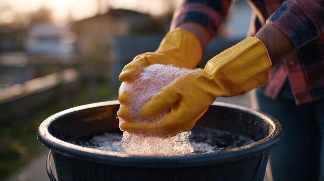 A close-up of a person's hands in yellow gloves squeezing a soapy sponge over a bucket in the sunlight.