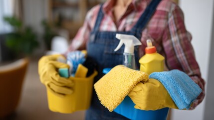 A woman holds cleaning supplies in colorful buckets, wearing yellow rubber gloves, ready to tackle household chores.