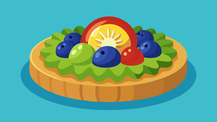 A colorful fruit tart with blueberries, tomatoes, and a slice of orange. The tart is on a blue background