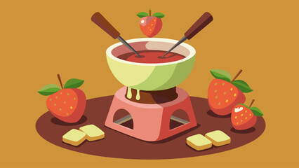 A bowl of chocolate sauce with strawberries and apples on a table. The sauce is thick and rich, and the strawberries and apples add a pop of color