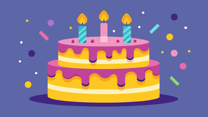 A cake with three candles on it is shown on a blue background. The cake is decorated with frosting and has a pink and yellow color scheme. The candles are lit