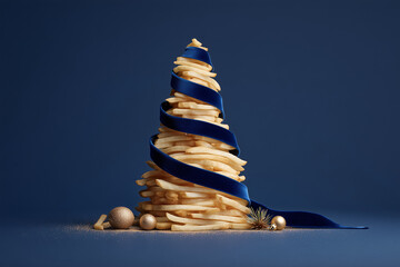 Golden French Fry Christmas Tree with Velvet Ribbon and Minimal Holiday Decor on Deep Blue Background