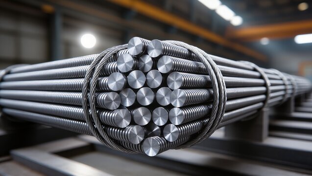 Close-up of round metal rods bundled with wire, showing smooth reflective surfaces against a blurred manufacturing hall, emphasizing metal rolling products and industrial production