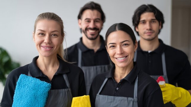 A diverse team of four smiling professionals, two women and two men, in cleaning uniforms, showcasing a positive work environment. - Powered by Adobe