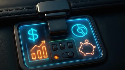 Financial technology interface featuring neon glowing of digital money, savings piggy bank, and data charts futuristic control panel with sleek modern finance design and interactive chart data - Powered by Adobe