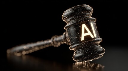 Digital representation of a gavel featuring glowing elements and the letters AI, symbolizing the integration of technology and law in modern society