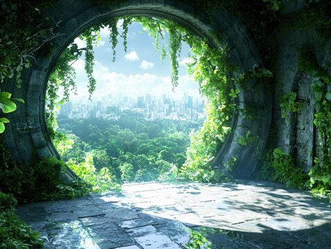 A circular stone portal covered in vibrant green foliage opens to a view of a sprawling city nestled within a vast, verdant forest under a bright sky. - Powered by Adobe