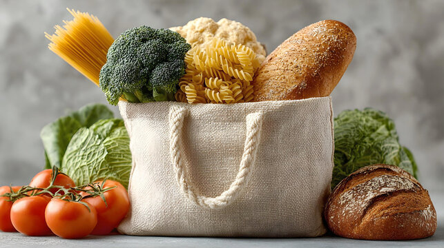 A canvas reusable grocery bag overflows with fresh ingredients like broccoli, bread, and pasta, suggesting healthy shopping and cooking - Powered by Adobe