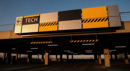 Modern Architecture With Tech Sign In A Parking Garage Against The Blue Sky