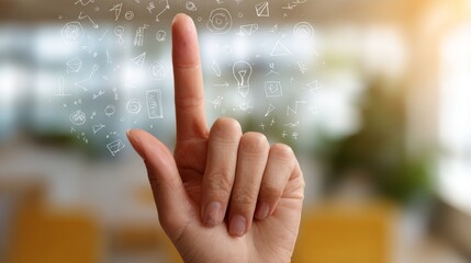 A human hand with extended index finger pointing upwards, surrounded by creative icons and symbols in a bright, modern workspace.