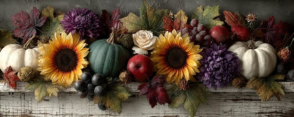 Festive autumn arrangement with sunflowers, pumpkins, and seasonal fruits on rustic wood