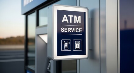 Modern ATM Service Signage On Exterior Of A Financial Institution Building