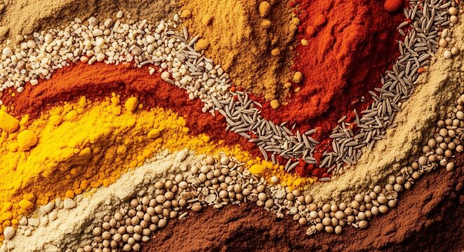 Vibrant abstract pattern of colorful ground spices and seeds