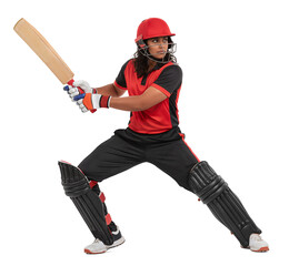 Pro female cricketer in red and black uniform in ready position, isolated background