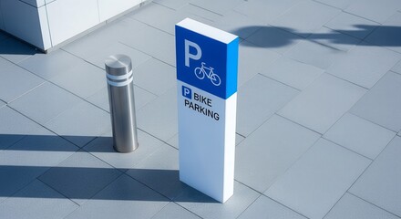 Modern Bike Parking Sign on Tile Surface with Metal Bollard in the Daytime Sunshine