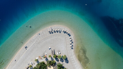 Aerial summer travel scene showing &Ouml;l&uuml;deniz Blue Lagoon&rsquo;s vivid turquoise sea
