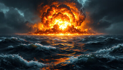 Nuclear explosion over ocean with mushroom cloud and lightning storm